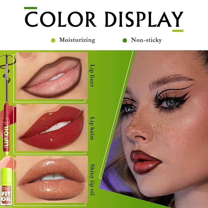 Wugbc Brown Lip Liner Glitter Lip Gloss Oil Click Lip Balm, Hydrating Lipstick Tinted Lip Oil for Women Makeup Lightweight Non Sticky Liquid Lipstick Lip Liner Pencil Combo Set