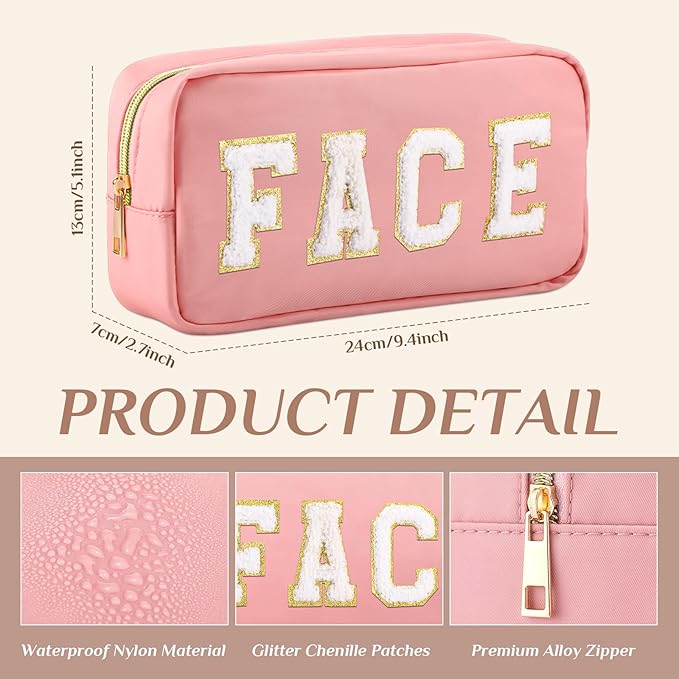 Cunno Preppy Makeup Bags Chenille Letter Stuff Bag Nylon Cosmetic Pouch Cases with Zipper for Women Travel Toiletry(Cute Color,Classic,4 Pcs)