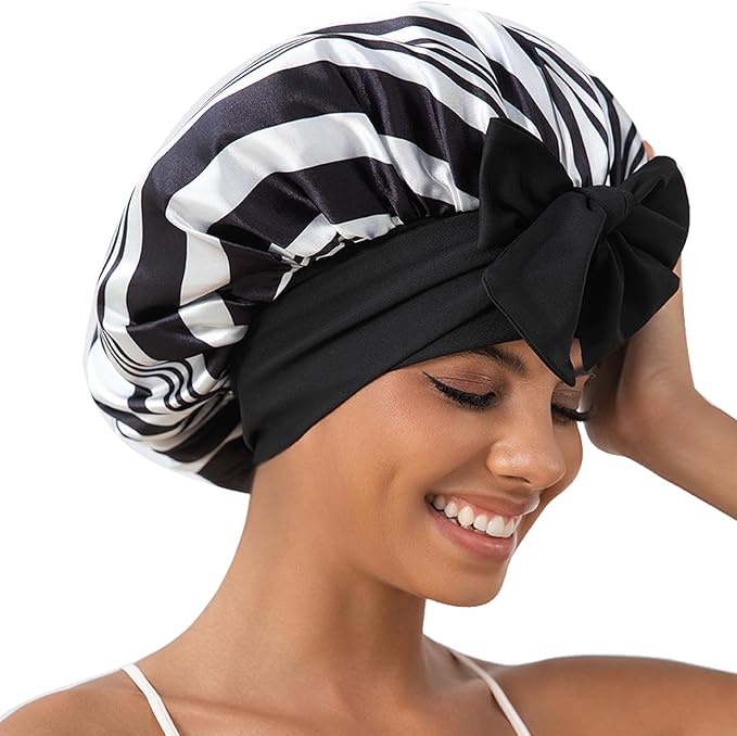 GDTOGRT Satin Silk Bonnet for Sleeping Women, Double Layer Sleep Hair Bonnets Caps for Curly Natural Hair with Tie Band -Black Stripe