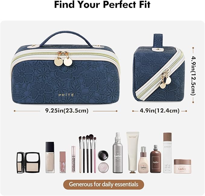 Prite Makeup Bag Travel Toiletry Bag Open Flat Cosmetic Organizer for Women
