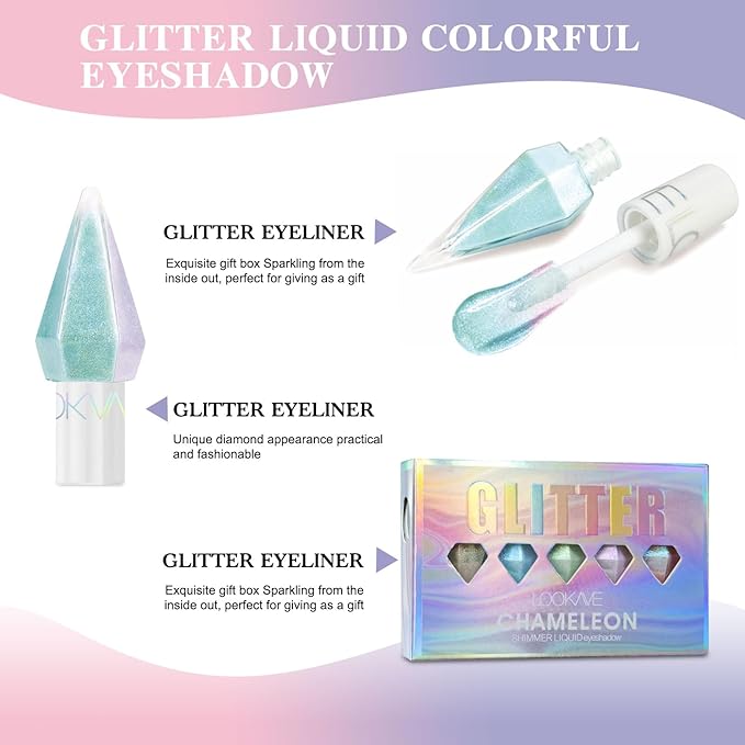 MooGlamor 5 Pcs Liquid Glitter Eyeshadow Set Colorful Eyeliner with Long-Lasting and Waterproof Shinning Eye Shadow Gift for Women Eye Makeup(Diamond C)