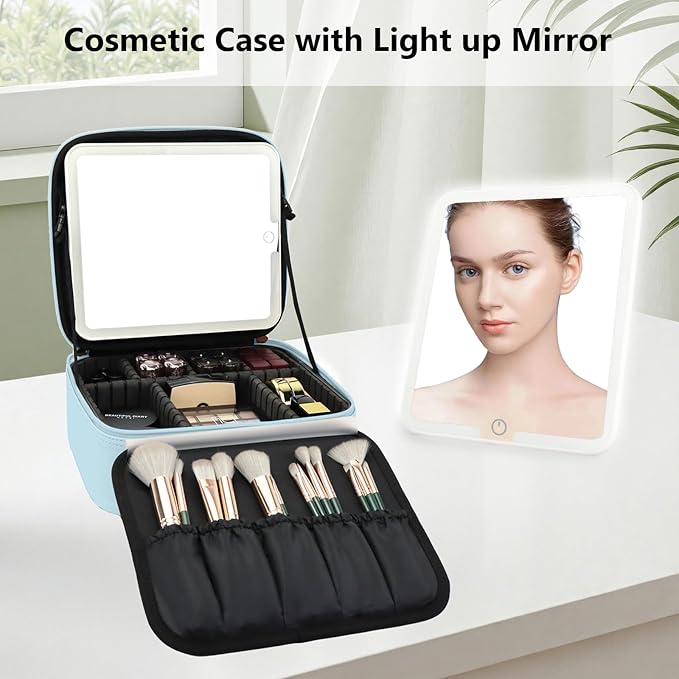 SLUMAZI Travel Makeup Bag with LED Mirror Travel Makeup Organizer with 3 Lighted Settings, Adjustable Dividers and Makeup Brush Storage Bag Light Blue