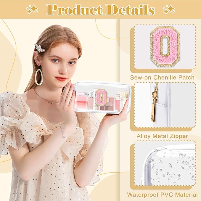 UIXIZQ Personalized Initial Letter Clear Makeup Bag,Preppy Small Nylon&PVC Cosmetic Zipper Bag with Chenille Letter,Travel Skincare Toiletry Bag,Monogram Christmas Gift for Teen Girls Women,O