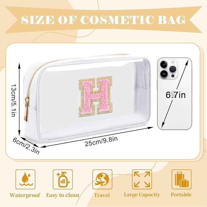UIXIZQ Personalized Initial Letter Clear Makeup Bag,Preppy Small Nylon&PVC Cosmetic Zipper Bag with Chenille Letter,Travel Skincare Toiletry Bag,Monogram Christmas Gift for Teen Girls Women,H