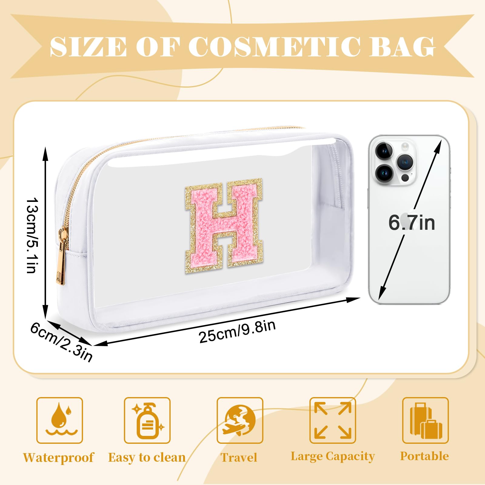 UIXIZQ Personalized Initial Letter Clear Makeup Bag,Preppy Small Nylon&PVC Cosmetic Zipper Bag with Chenille Letter,Travel Skincare Toiletry Bag,Monogram Christmas Gift for Teen Girls Women,H