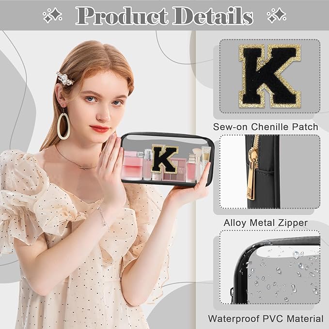 UIXIZQ Personalized Initial Letter Clear Makeup Bag,Preppy Small Nylon&PVC Cosmetic Zipper Bag with Chenille Letter,Travel Skincare Toiletry Bag,Monogram Christmas Gift for Teen Girls Women,K