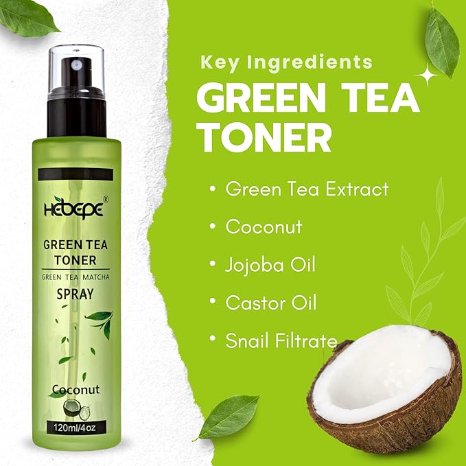 Hebepe Green Tea Matcha Facial Toner Mist, Coconut Water Soothing, 120ml