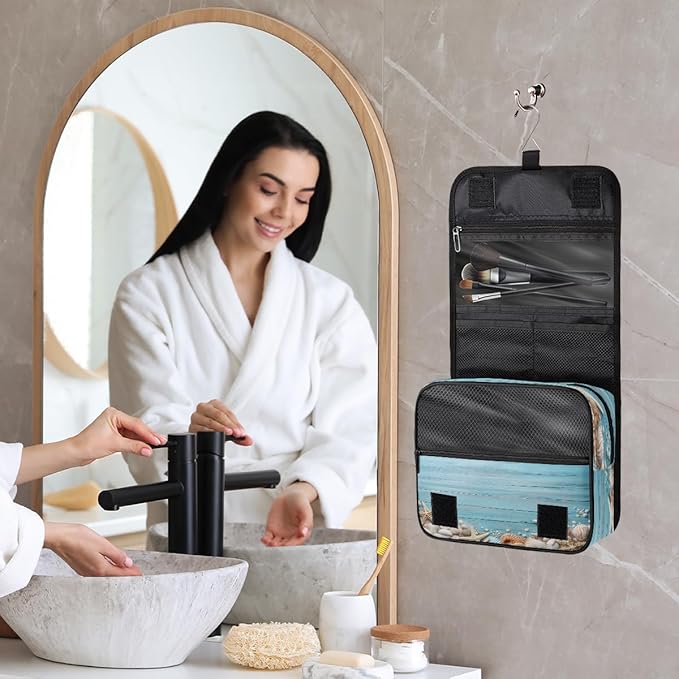 YoYoYuchong Travel Toiletry Bag for Women & Men Ocean Blue Starfish Hanging Cosmetic Organizer Portable Waterproof Makeup Case Make Up Bag with Compartments Travel Essentials for Bathroom Shower