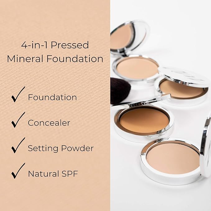 Advanced Mineral Makeup 4-in-1 Pressed Foundation Powder with Natural SPF, Concealer & Finishing for Medium to Full Coverage Foundation, Mineral-Based (Halle,.35 oz)