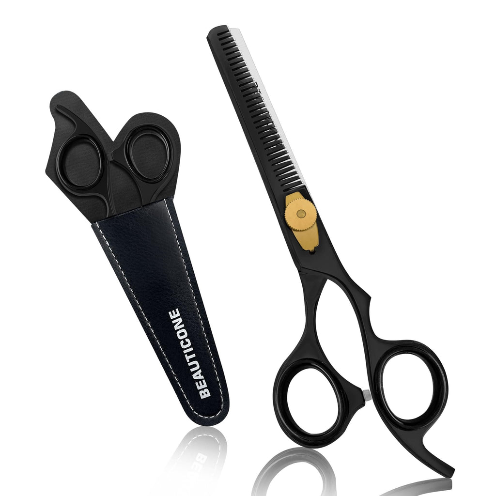 BEAUTICONE Professional Hair Thinning Scissors – Barber Texturizing Shears with Stainless Steel Teeth Blade, Leather Pouch Included, Salon Thinning Shears for Men & Women, Black