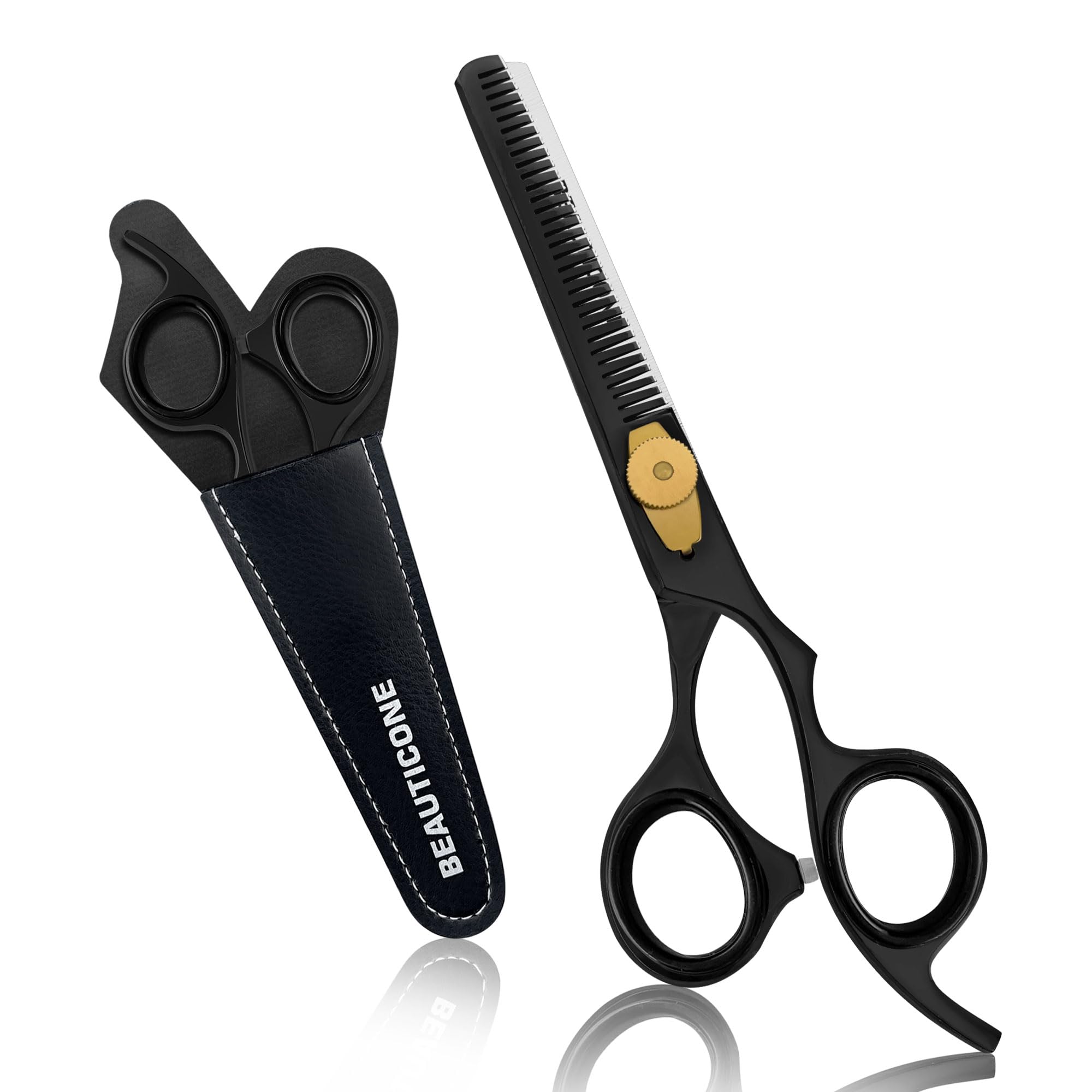 BEAUTICONE Professional Hair Thinning Scissors – Barber Texturizing Shears with Stainless Steel Teeth Blade, Leather Pouch Included, Salon Thinning Shears for Men & Women, Black