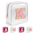 Personalized Initial Letter Clear Preppy Makeup Bag,Mini Nylon Chenille Letter Cosmetic Bag Cute Zipper Pouch Purse for Teen Girls,Portable TSA Approved Beach Travel Essentials Bag Gift for Women,K