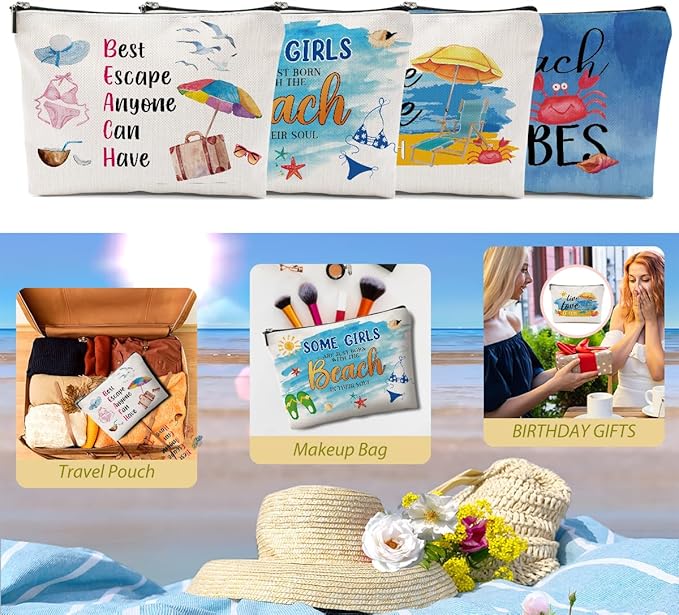 4PCs Beach Vacation Cosmetic Bag Girls Trip Gifts Favors, Cruise Makeup Bag