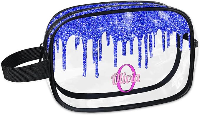 KFNHN Personalized Clear Makeup Bag with Name, Best Friends Teen Women Mom Birthday Gift Transparent PVC Toiletry Travel Bag for Toiletries, Shiny Bling Royal Blue Fluid Shape Glittery