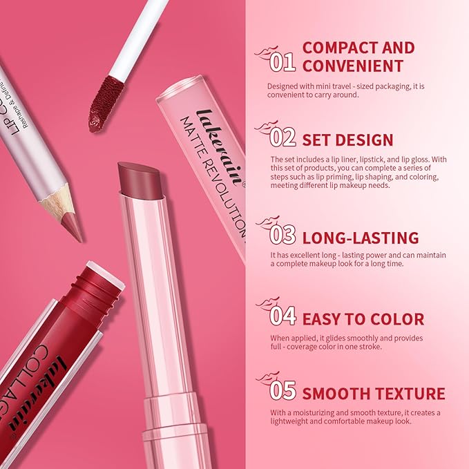 3PCS Lip Liner and Lipstick Combo Set - Matte Lip Liner Pencil, Velvet Matte Lipstick & Hydrating Collagen Lip Gloss - Long-Lasting, Smudge-Proof, High Pigment Nude Brown Lip Makeup Kit (#2 Red Rose)