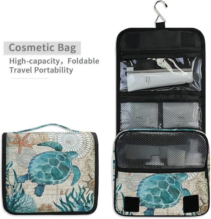 senya Hanging Travel Toiletry Bag Kit Makeup Case Cosmetics Organizer for Men Women (Sea Lives Turtle Coral)