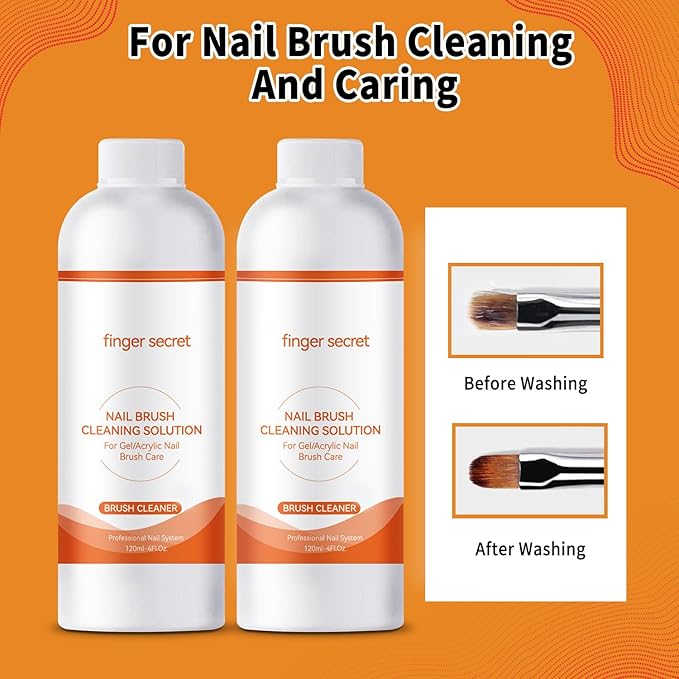 BEVINAS Nail Brush Cleaner 2 packs for Gel Polish Nail Brush Cleaner Liquid for Acrylic with Glass Cup Nail Cleaning pads for DIY Salon at Home 4 Fl.Oz