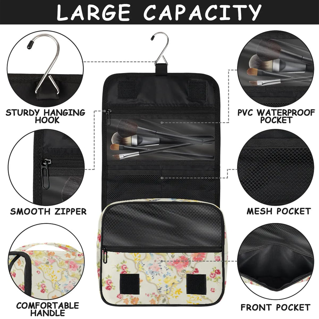 OMFUNS Yellow Flower Travel Toiletry Bag with Hanging Hook for Women and Girls, Rose Floral Cosmetic Makeup Case Organizer for Accessories, Shampoo, Full Sized Container, Toiletries