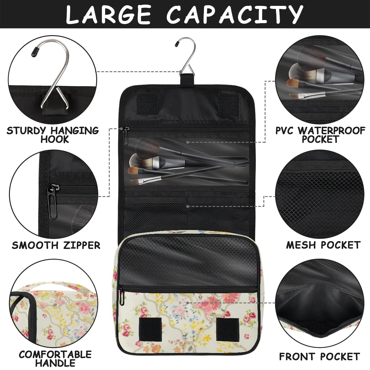 OMFUNS Yellow Flower Travel Toiletry Bag with Hanging Hook for Women and Girls, Rose Floral Cosmetic Makeup Case Organizer for Accessories, Shampoo, Full Sized Container, Toiletries