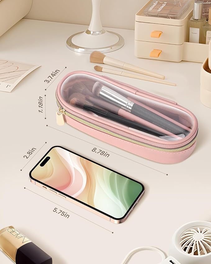 Soimeat Clear Travel Makeup Brush Holder, Leather Makeup Brush Toiletry Bag, Portable Cosmetic Brush Case, Transparent Waterproof Makeup Brush Storage Bag, Pink, Large
