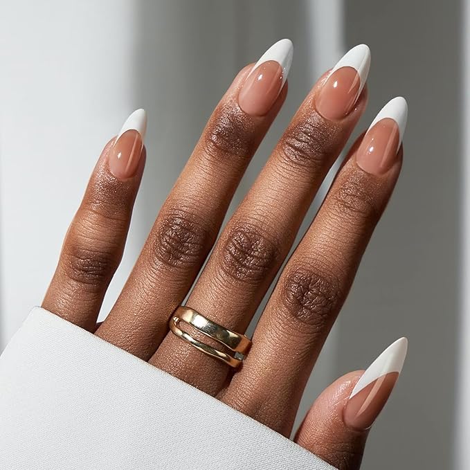 BTArtbox Press On Nails, Capable, Medium Almond, White French Tip, 32Ct