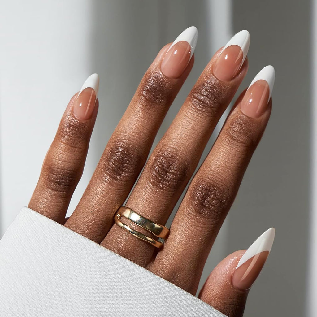 BTArtbox Press On Nails, Capable, Medium Almond, White French Tip, 32Ct