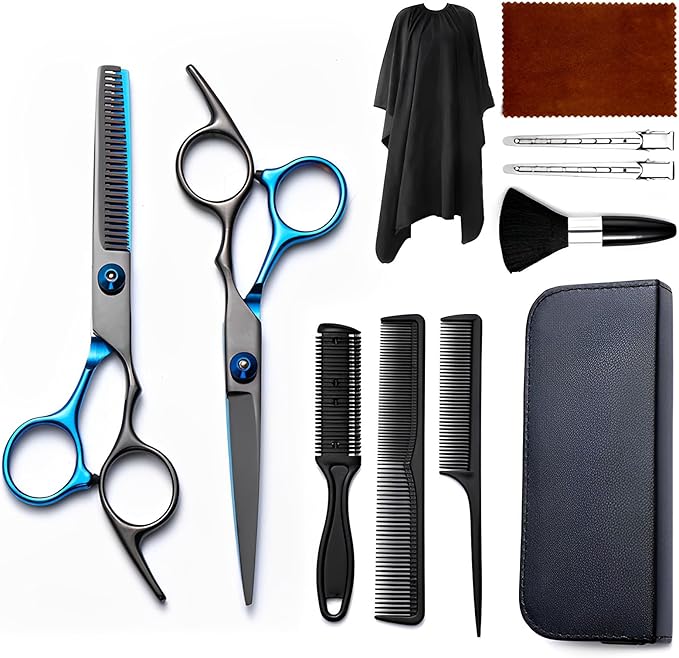 Hair Cutting Kit 11PCS - Professional Scissors With Stainless Steel Shears, Thinning Shears, and Accessories in Leather Case for Salon/Home (Black - Blue)