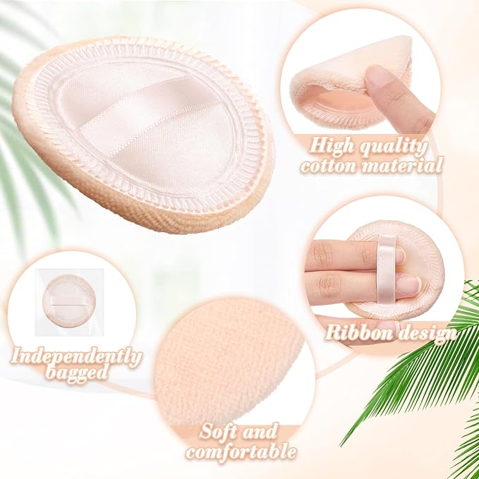 SiliFine 40 Pcs Cotton Powder Puffs Bulk Washable, 2.36 Inch Round Makeup Dusting Puff with Ribbon for Loose and Pressed Powder Face Body Cosmetic, Beige