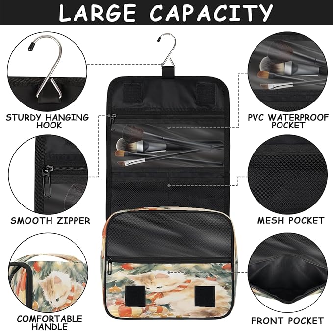 YoYoYuchong Travel Toiletry Bag for Women & Men Cute Animal Cat Art Hanging Cosmetic Organizer Portable Waterproof Makeup Case Make Up Bag with Compartments Travel Essentials for Bathroom Shower