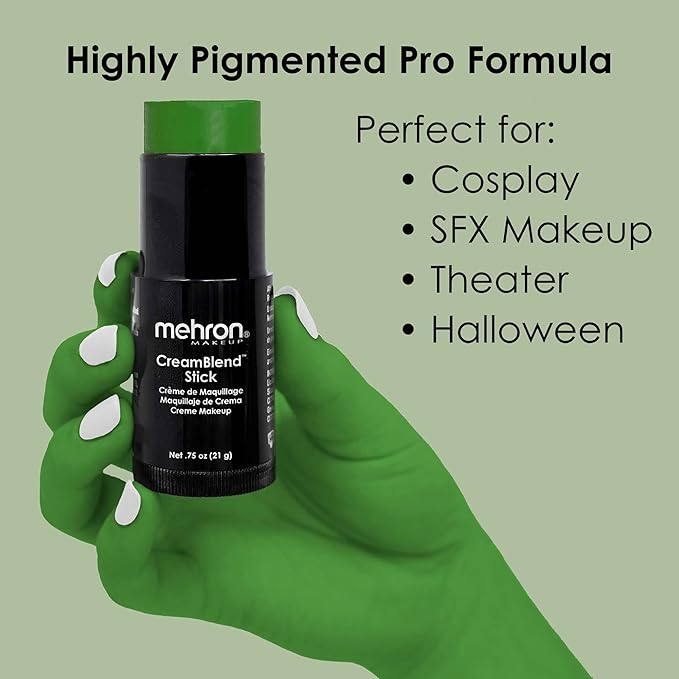 Mehron Makeup CreamBlend Stick | Face Paint, Body Paint, & Foundation Cream Makeup | Perfect for Halloween.75 oz (21 g) (Green) | Made in the USA