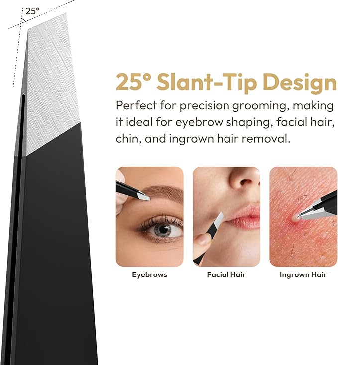 Beauty Power Tweezers for Women Facial Hair: Ultra Precision Tweezers for Women & Men, Sharp Slant Tweezer for Eyebrows, Ingrown Hair Removal. Professional Plucker + Case, German Stainless Steel Black