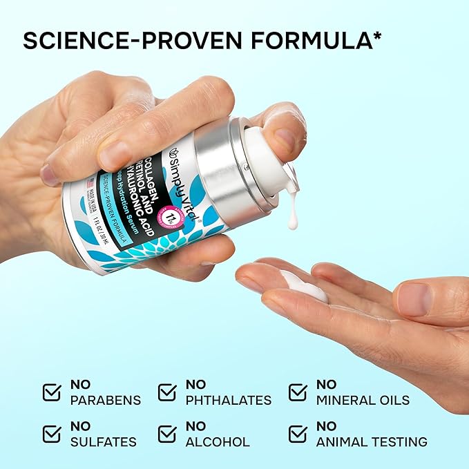SimplyVital Collagen, Retinol & Hyaluronic Acid Serum - Anti-Aging Moisturizer for Face, Neck & Décolleté - Deep Moisturizing Skin Care Complex - Hydrating Facial Serum for Women, 1 fl.oz