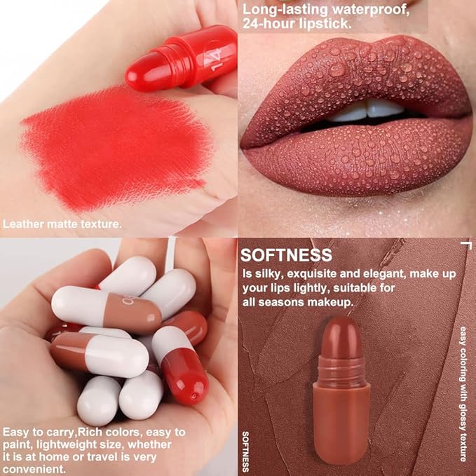 evpct 18Pcs Mini Pills Lipstick Capsule Set for Women Waterproof Long Lasting Deep Red Matte Small Magic Permanent 24 Hour Lipstick Bulk Samples Sampler labiales mate 24 horas originales 02