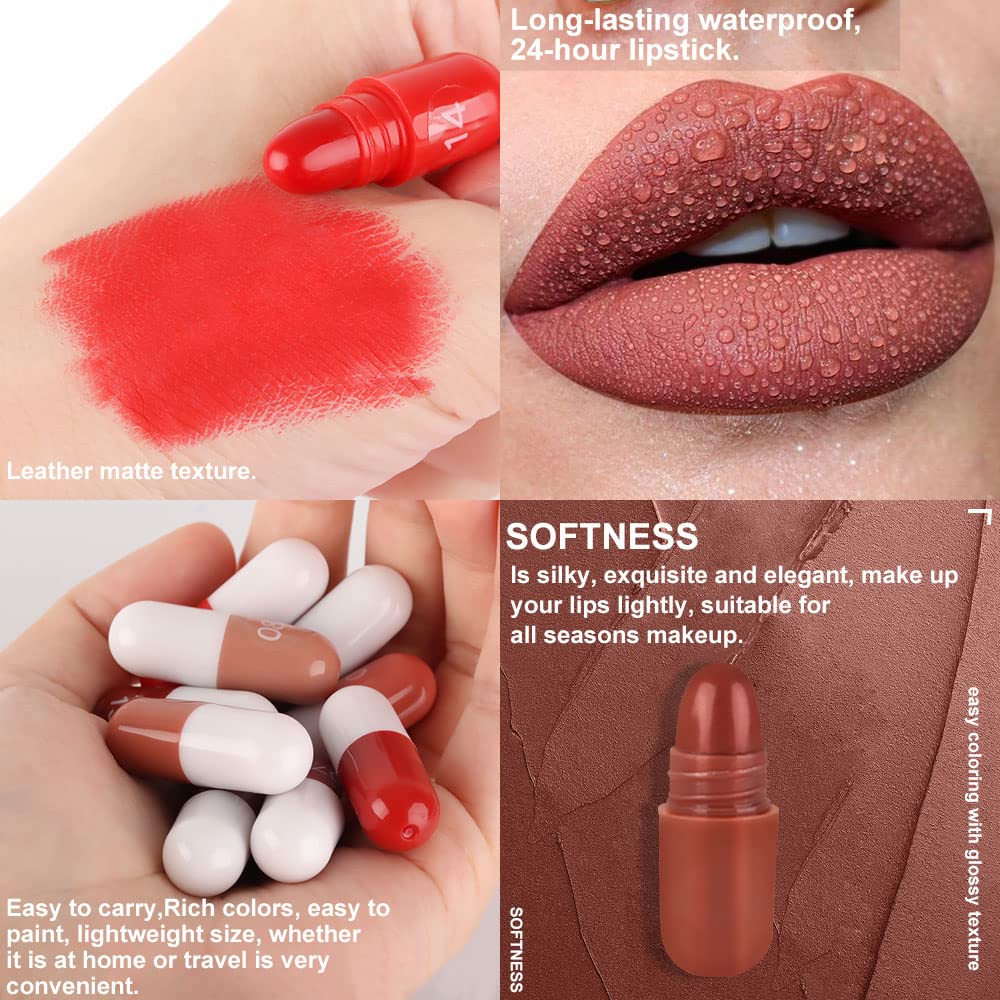 evpct 18Pcs Mini Pills Lipstick Capsule Set for Women Waterproof Long Lasting Deep Red Matte Small Magic Permanent 24 Hour Lipstick Bulk Samples Sampler labiales mate 24 horas originales 02