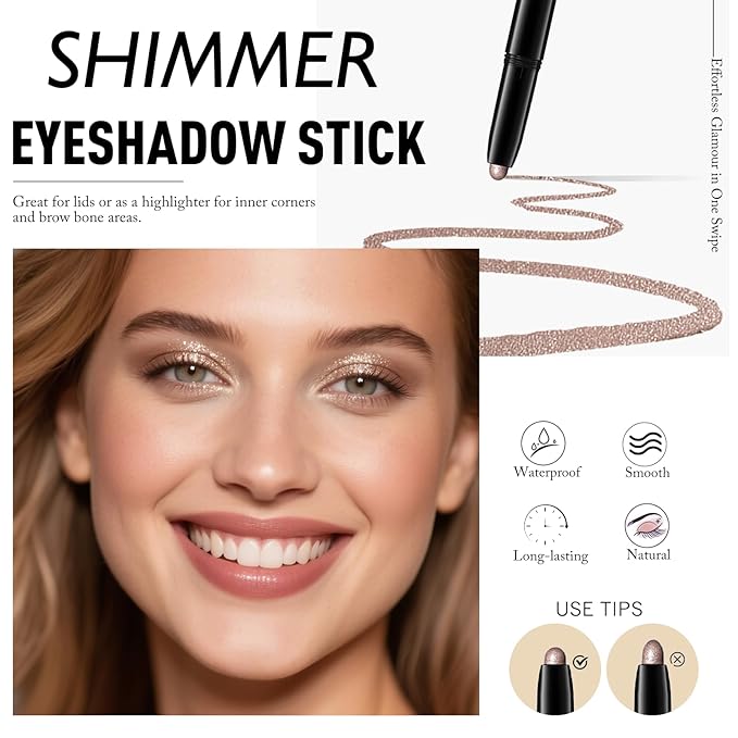 Wugbc Eyeshadow Stick Shimmer Waterproof Long Wear Eye Brightener Cream to Powder Glitter Eye Shadow Crayon High Pigmented Highlighter Eye Liner Pencil Makeup Crease-Proof Buildable Color, 9 CHAMPAGNE
