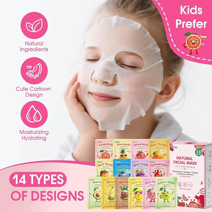 14 Pack Fruit Face Masks Skincare for Kids, Sheet Hydrating Facial Mask
