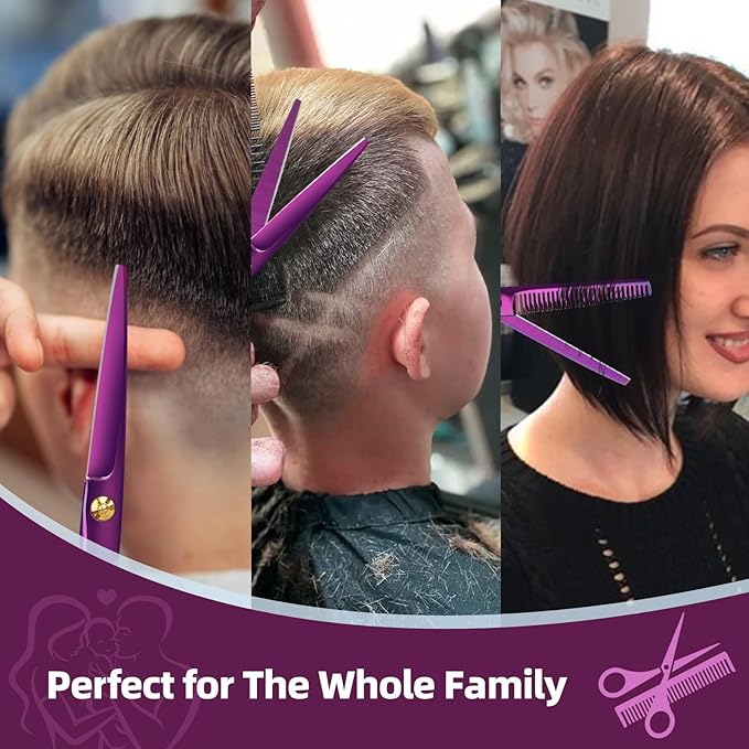Ethyxe Professional Hair Cutting Scissors - 9 PCS Haircut Scissors Set with 29-Tooth Thinning Shears and Straight Shears for Men Women Home Salon Barber (6.5", Purple)