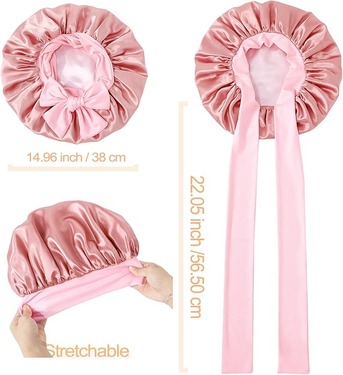 GDTOGRT Satin Silk Bonnet for Sleeping Women,Double Layer Sleep Hair Bonnets Caps for Curly Natural Hair with Tie Band - Pink