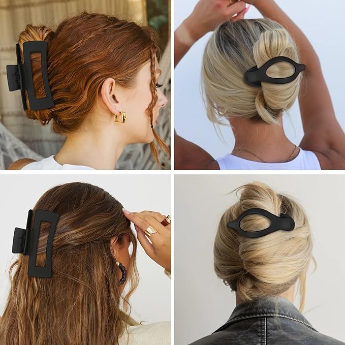 CHANDAT Hair Clips for Women 4.3 Inch Large Hair Claw Clips 8 pcs Square Claw Clips & Flat Hair Clips for Thick or Thin Hair French Concord Hair Barrettes Alligator Hair Accessories for Women (Black)