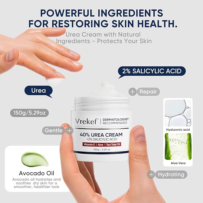 VREKEF Urea Cream 40 Percent with 2 Percent Salicylic Acid, Foot & Hand Cream for Dry Cracked Heels, Callus Softener for Feet, Exfoliating Foot Cream for Rough Thick Skin, 5.29 oz