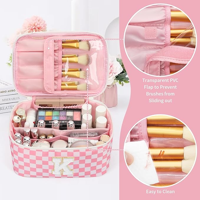 OCHEAL Makeup Bag for Women, Monogram Cosmetic Bag Pink Travel Makeup Case Beauty Toiletry Bag Organizer Personalized Gifts for Girls Bridesmaid, Sister, Wife, Friends Initial K