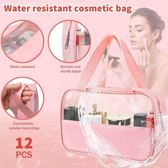 LECEHIVO 12 Pcs Translucent Make up Bag 10.2 x 6.3 x 2.8 Inches Waterproof Toiletry Organizer with Hanging Handles Portable Cosmetic Travel Bag Carry Pouch for Women and Men Travel Storage (Pink)