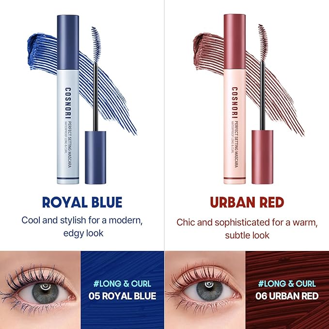 COSNORI Perfect Setting Waterproof Mascara Long&Curl 06 Urban Red – Natural Defined Lashes with Long-Lasting Curl Hold, Burgundy Maroon Mascara, Smudge-Proof & Clump-Free, 0.23fl oz