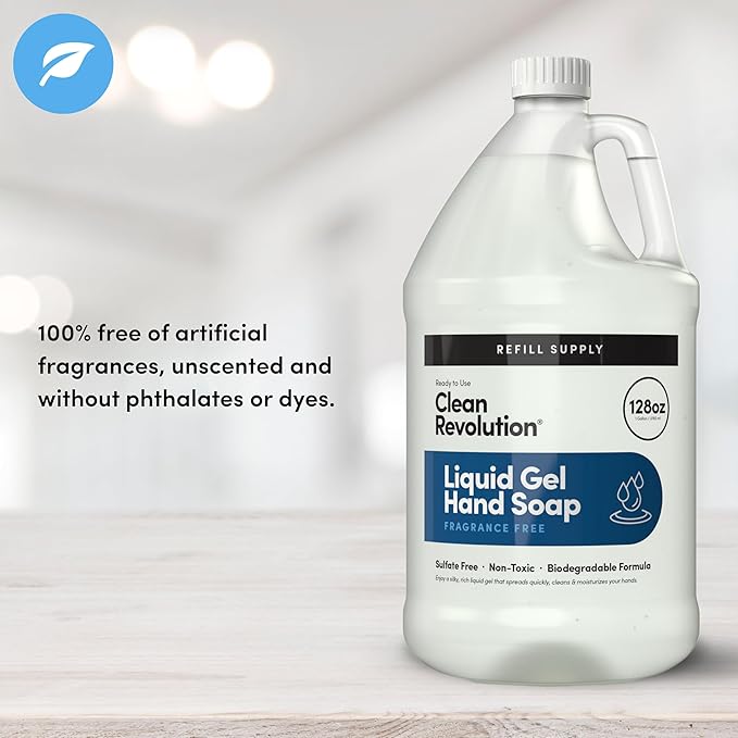 Clean Revolution Fragrance Free Liquid Gel Hand Soap Refill – Sulfate-Free Unscented Gel Hand Wash for Sensitive Skin, Moisturizing Bulk Refill, Non Toxic Formula, Made in the USA, 128 Fl Oz