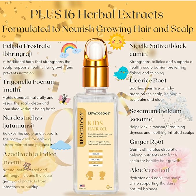 REVATOLOGY Kids Hair Growth Oil for Toddlers and Babies, 26 Botanicals Scalp Treatment with Rosemary, Castor and Amla, for Curly Wavy Textured Hair, Dry Itchy Scalp, Made in USA