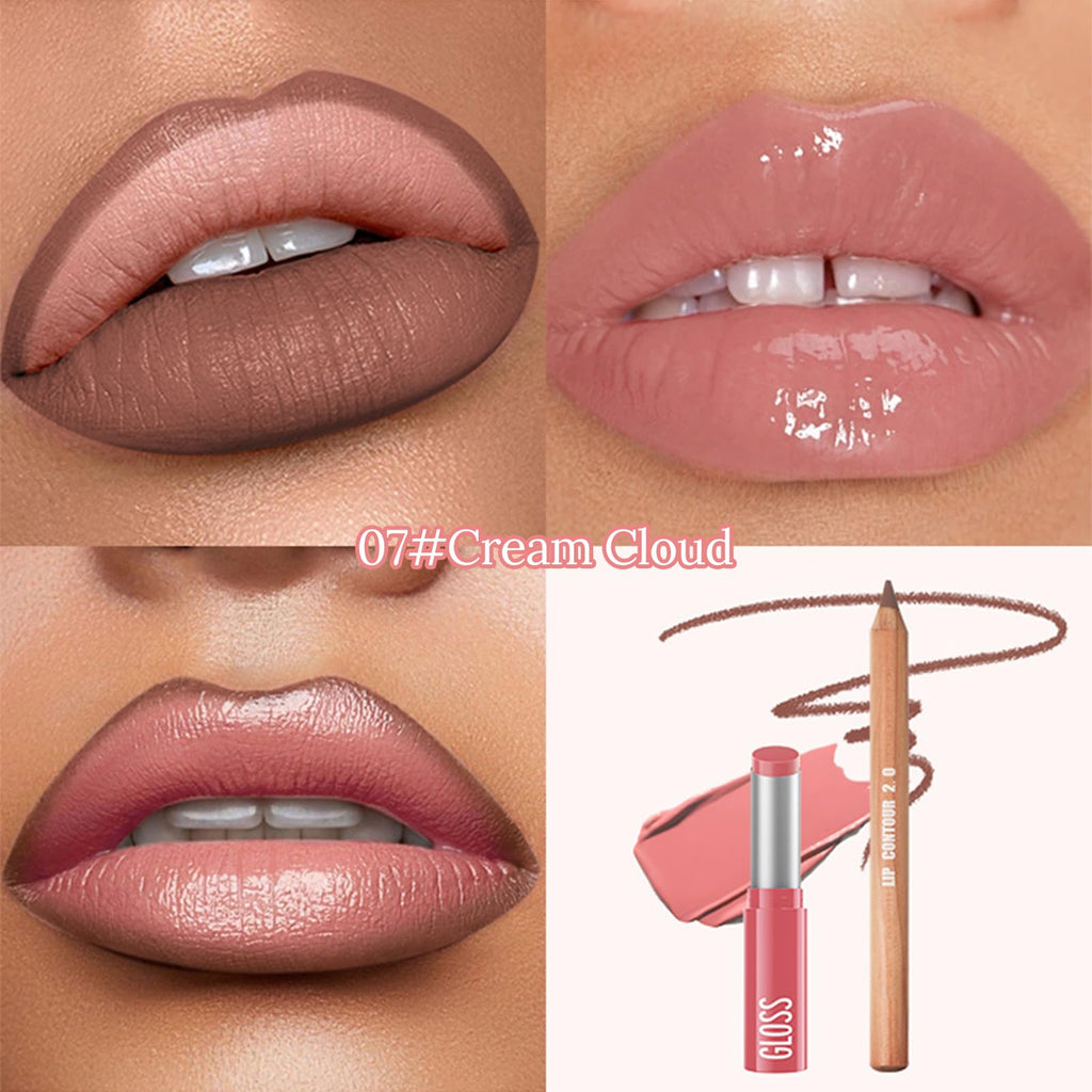 Erinde 2pcs Lip Liner and Lipstick Combo Set, Matte Lipliner Pencil & Hydrating Lip Gloss Makeup Kits for Women, Waterproof, Long Lasting, Highly Pigmented, Nude Brown Natural Lipstick, 07