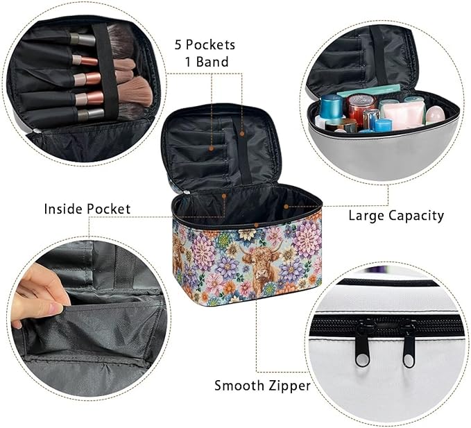 Drydeepin Boho Mandala Highland Cattle Pattern Travel Makeup Bags for Women Portable Tote Cosmetic Case with Carry Handle Toiletry Accessories Storage Organizer Bags