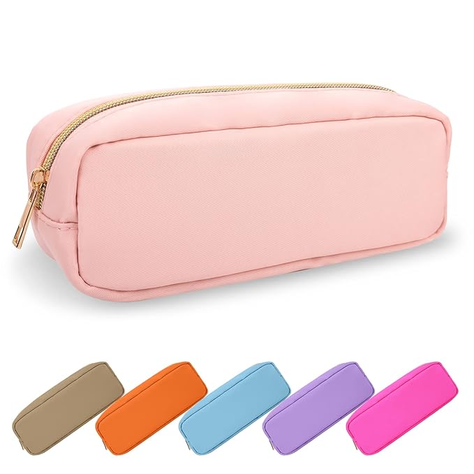 Small Pencil Case Makeup Bag for Purse, Cute Pencil Pouch Preppy Nylon Makeup Brush Bag with Zipper, Girls Portable Stationery Storage Case Small Pen Bag for Office School College(Slim-Flamingo)