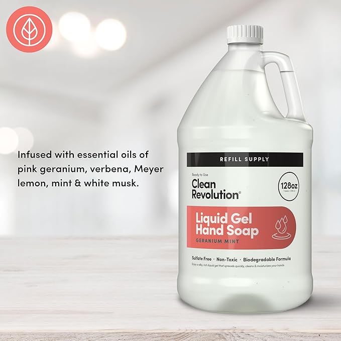 Clean Revolution Liquid Gel Hand Soap Refill with Real Essential Oils – Sulfate-Free Gel Hand Wash, Moisturizing Bulk Refill, Non-Toxic Formula, Made in the USA (Geranium Mint) 128 Fl Oz