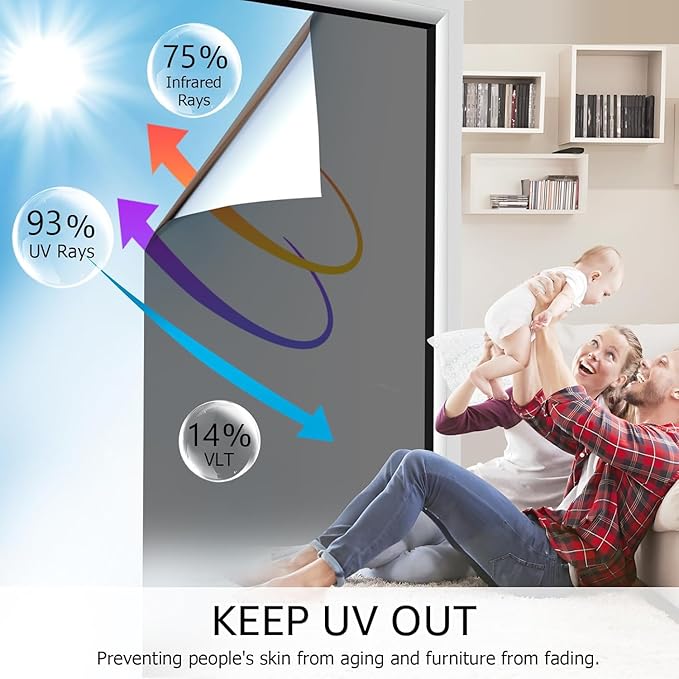 HIDBEA One Way Privacy Window Film, Black Silver, 41.3 x 157.5 Inch